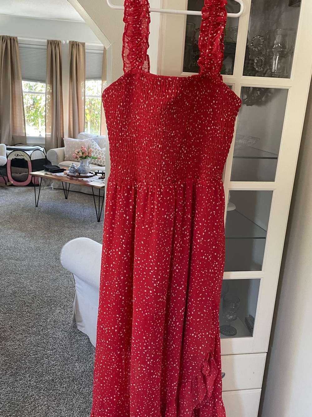Red Smocked Sundress for women with White Dot Print